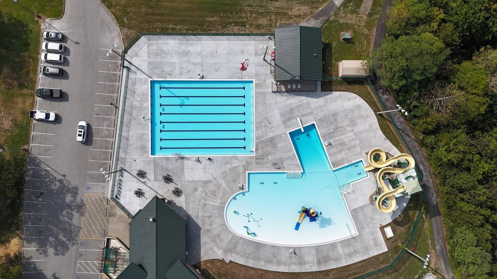 Aerial along the main pool and concrete deck at John W. Black Aquatic Center