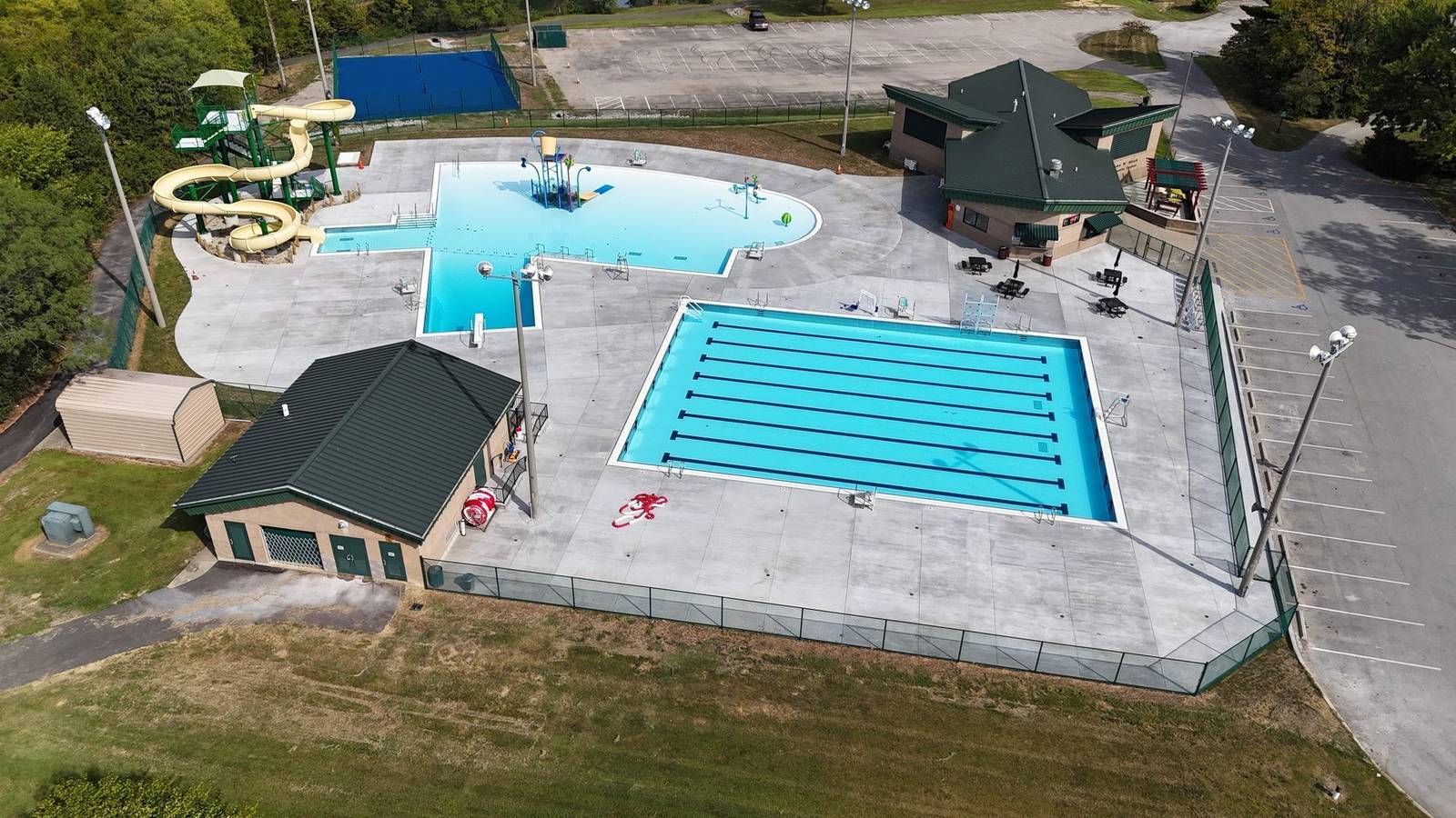 Aerial of the John W. Black play area, water slide, and main pool