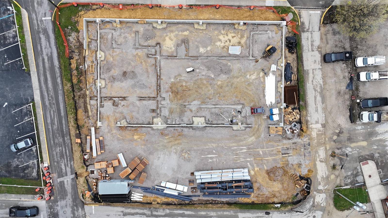Aerial of the Morehead site during steel erection, March 2026