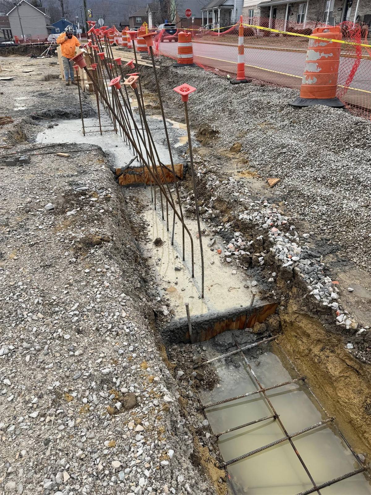 Excavated footing with a rebar cage, March 2026