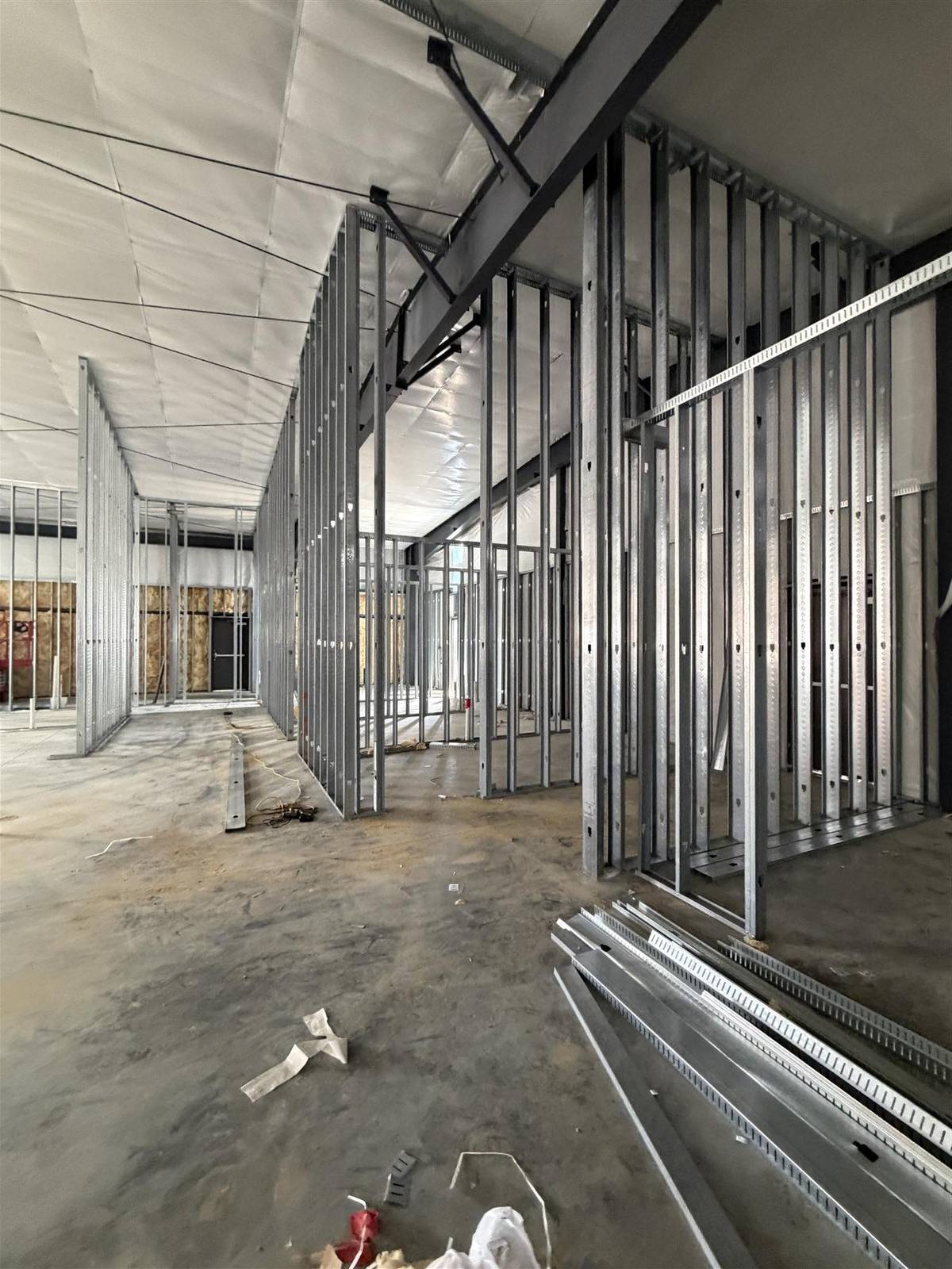 Interior metal stud walls and ceiling framing, May 2026