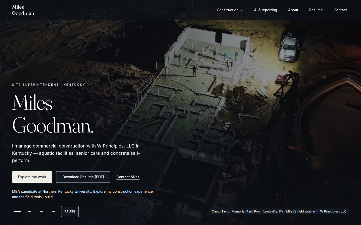 Miles Goodman portfolio homepage, with a night photo of a construction site and the name set over it.