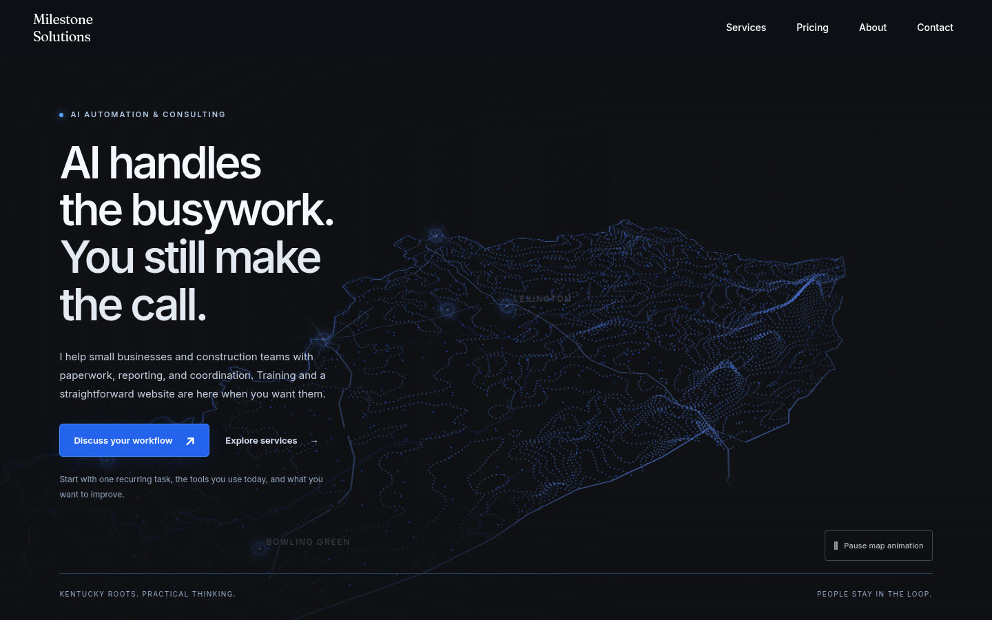 Milestone Solutions homepage, with the dark Kentucky hero and the headline about AI handling busywork.